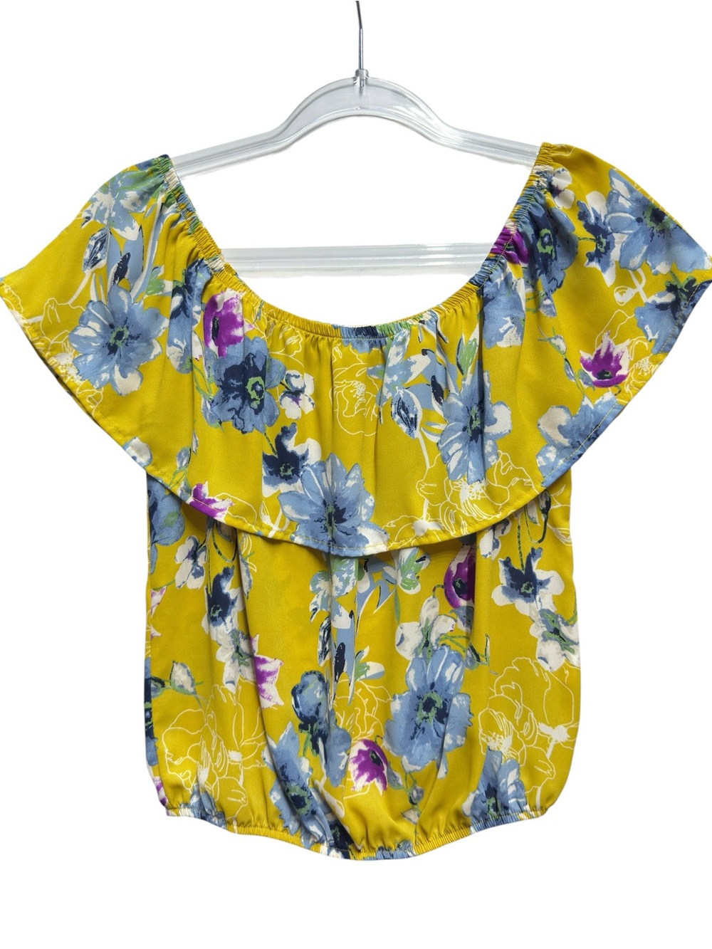 Silky Satin Matte Knit Floral Hibiscus Watercolor Abstract Art Ruffle Top Blouse